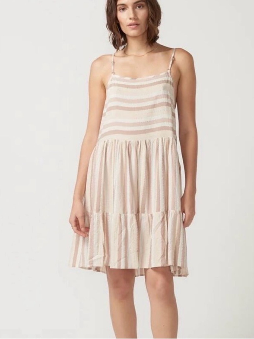 self contrast tan neutral striped babydoll tiered mini dress